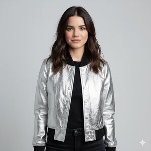 CC Logo Silver Faux Leather Bomber Jacket - S/4-6US